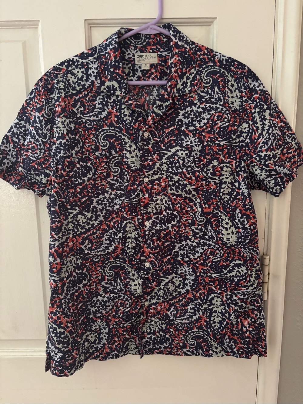 J.Crew Men's Blue White Red Paisley Short Sleeve Woven Cotton Button-Up M